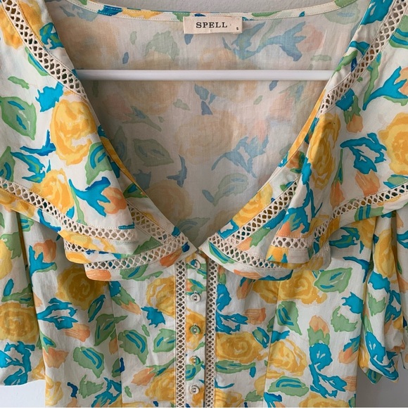 Spell Islamorada Cocktail Meadow Cotton Ruffle Collar V Neck Mini Floral Dress - Picture 5 of 10